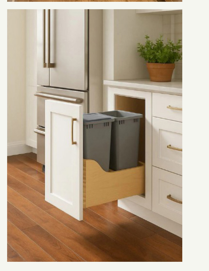 Pull-out waste organizer inside a base cabinet